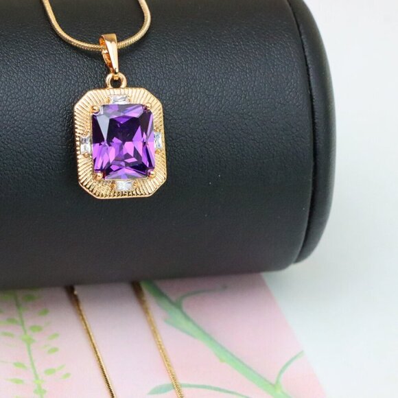 "Purple Rectangular Pendant with Gold Frame and Sparkling Accents, XPPT1786 - Picture 7 of 13